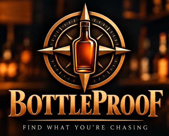 BottleProof logo: a whiskey bottle on a gold compass, with the words BottleProof, Find what you&rsquo;re chasing